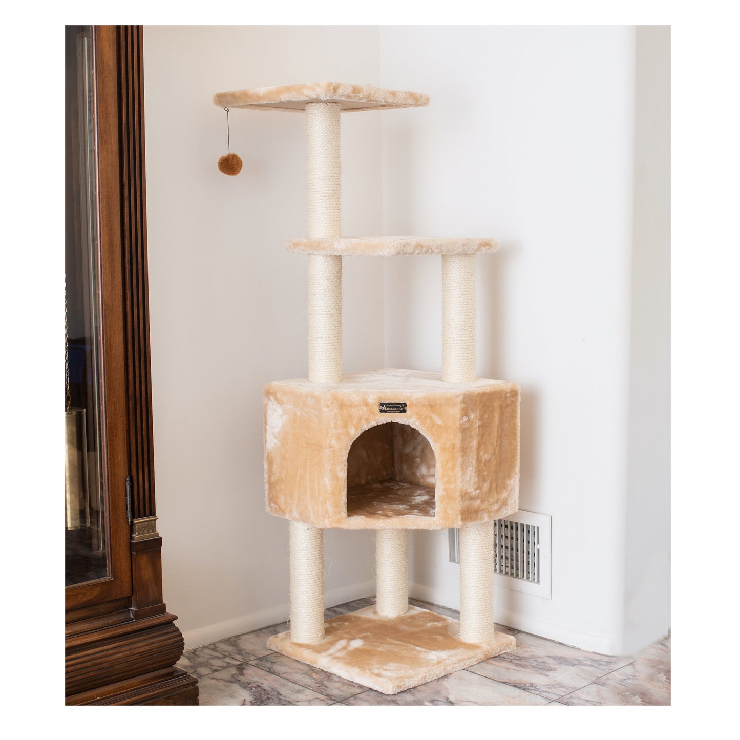 48-inch Faux Fur Cat Tree, Beige with Raised House by Armarkat