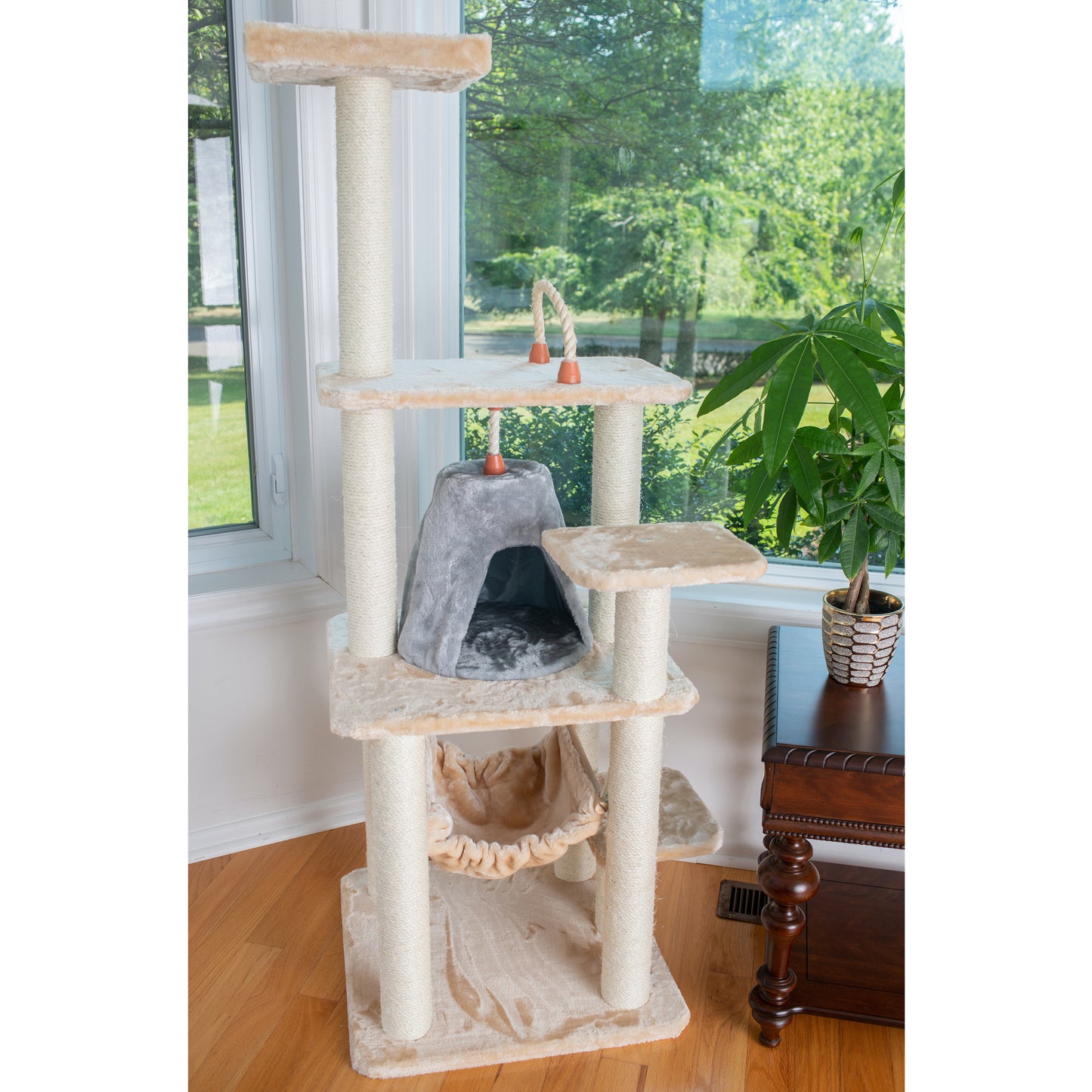 65-inch Faux Fur Cat Tree, Beige with Hammock and Tent by Armarkat
