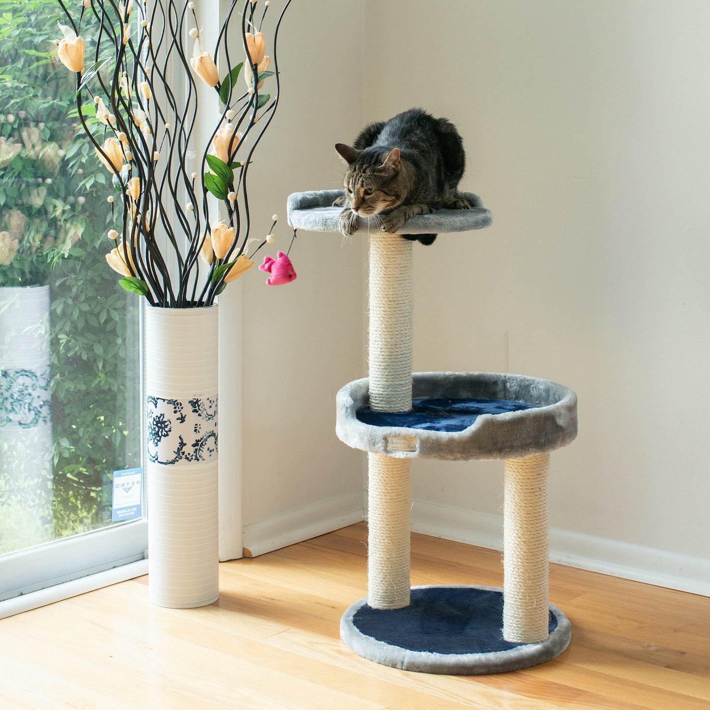 Three-Level Real Wood Compact Scratcher, Gray With Plush Perch by Armarkat