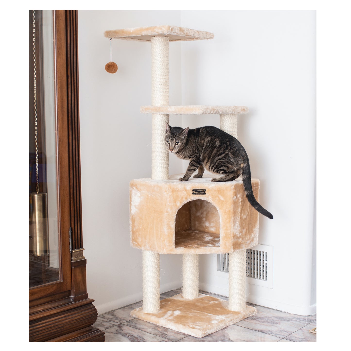 48-inch Faux Fur Cat Tree, Beige with Raised House by Armarkat