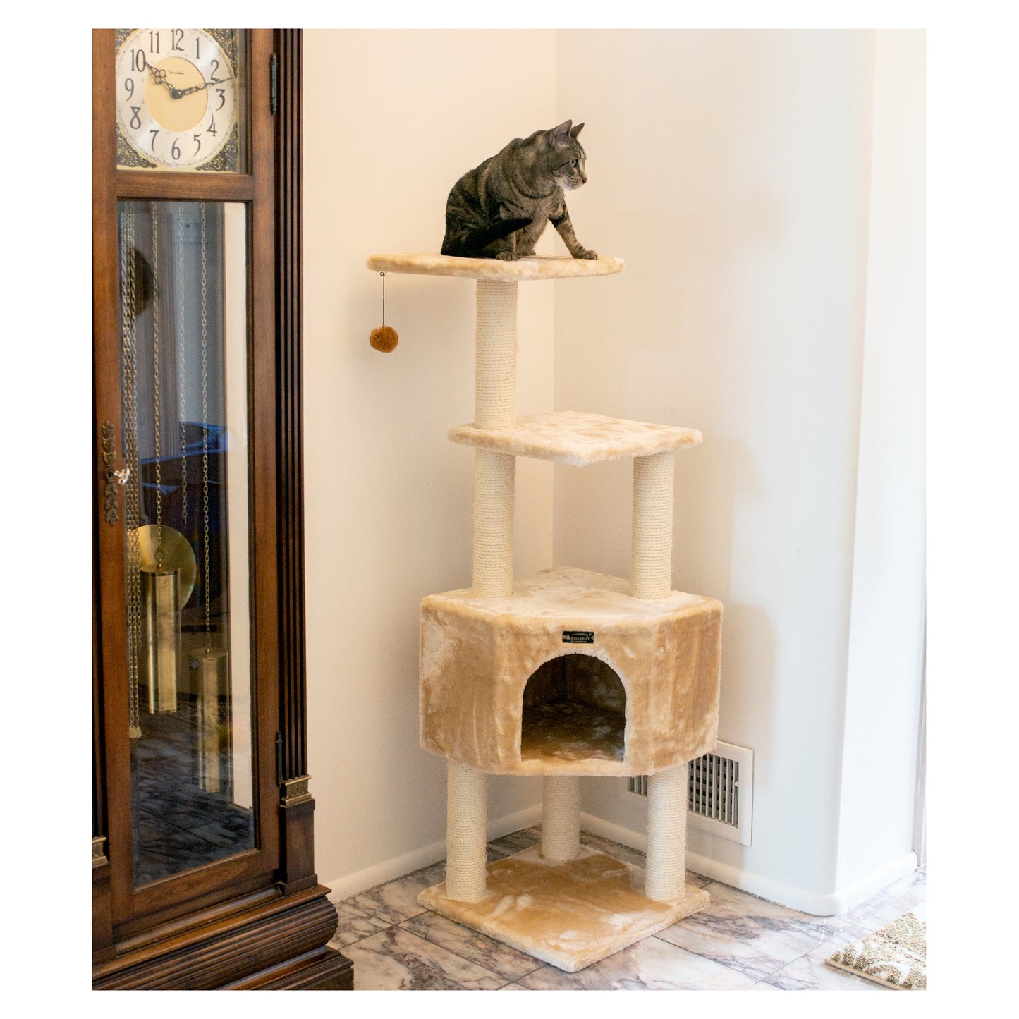 48-inch Faux Fur Cat Tree, Beige with Raised House by Armarkat