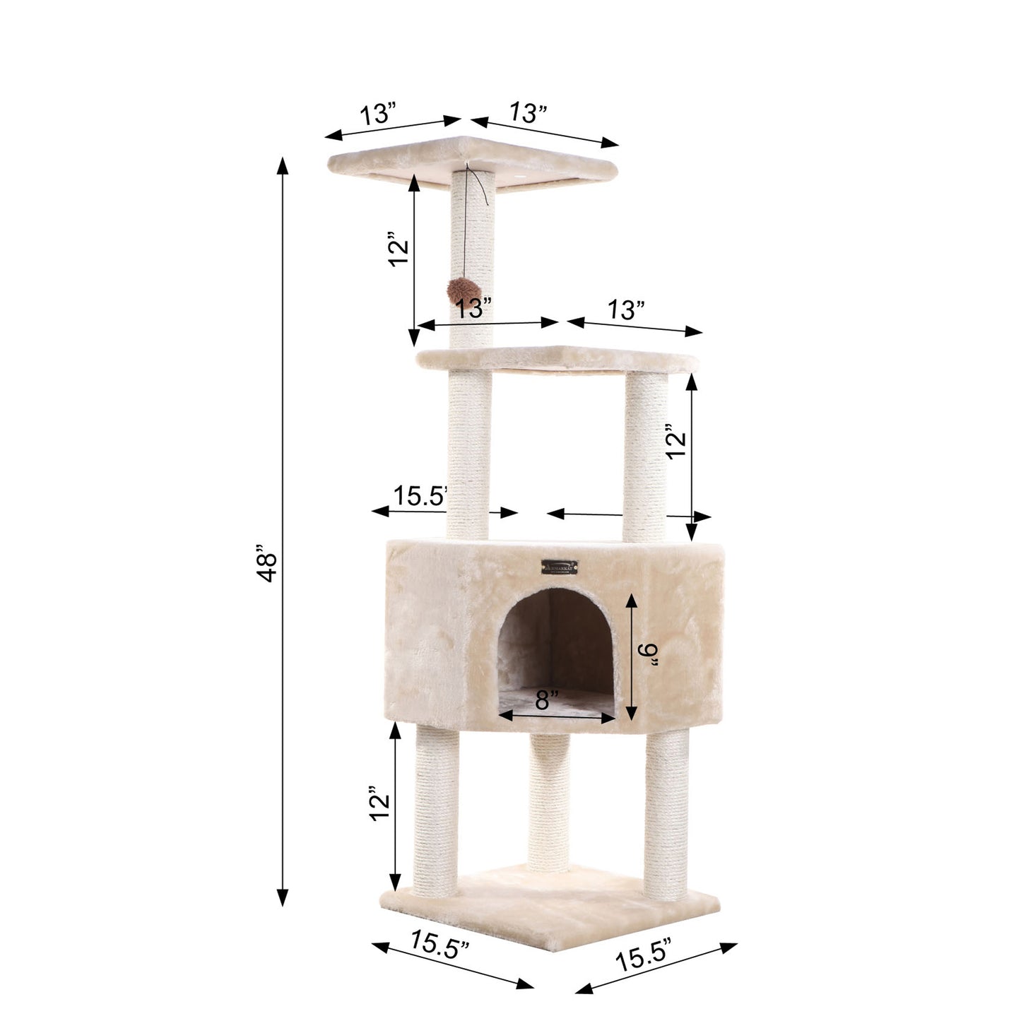 48-inch Faux Fur Cat Tree, Beige with Raised House by Armarkat