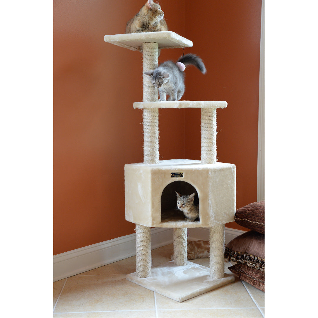 48-inch Faux Fur Cat Tree, Beige with Raised House by Armarkat