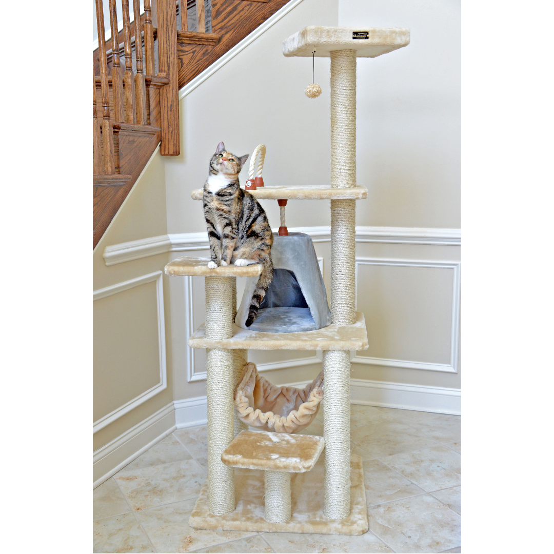 65-inch Faux Fur Cat Tree, Beige with Hammock and Tent by Armarkat