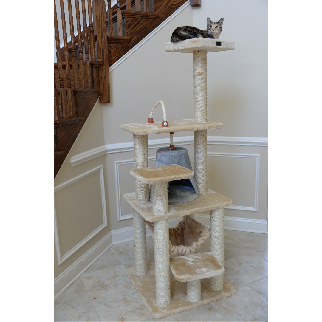 65-inch Faux Fur Cat Tree, Beige with Hammock and Tent by Armarkat