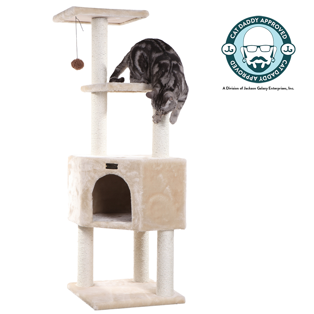 48-inch Faux Fur Cat Tree, Beige with Raised House by Armarkat