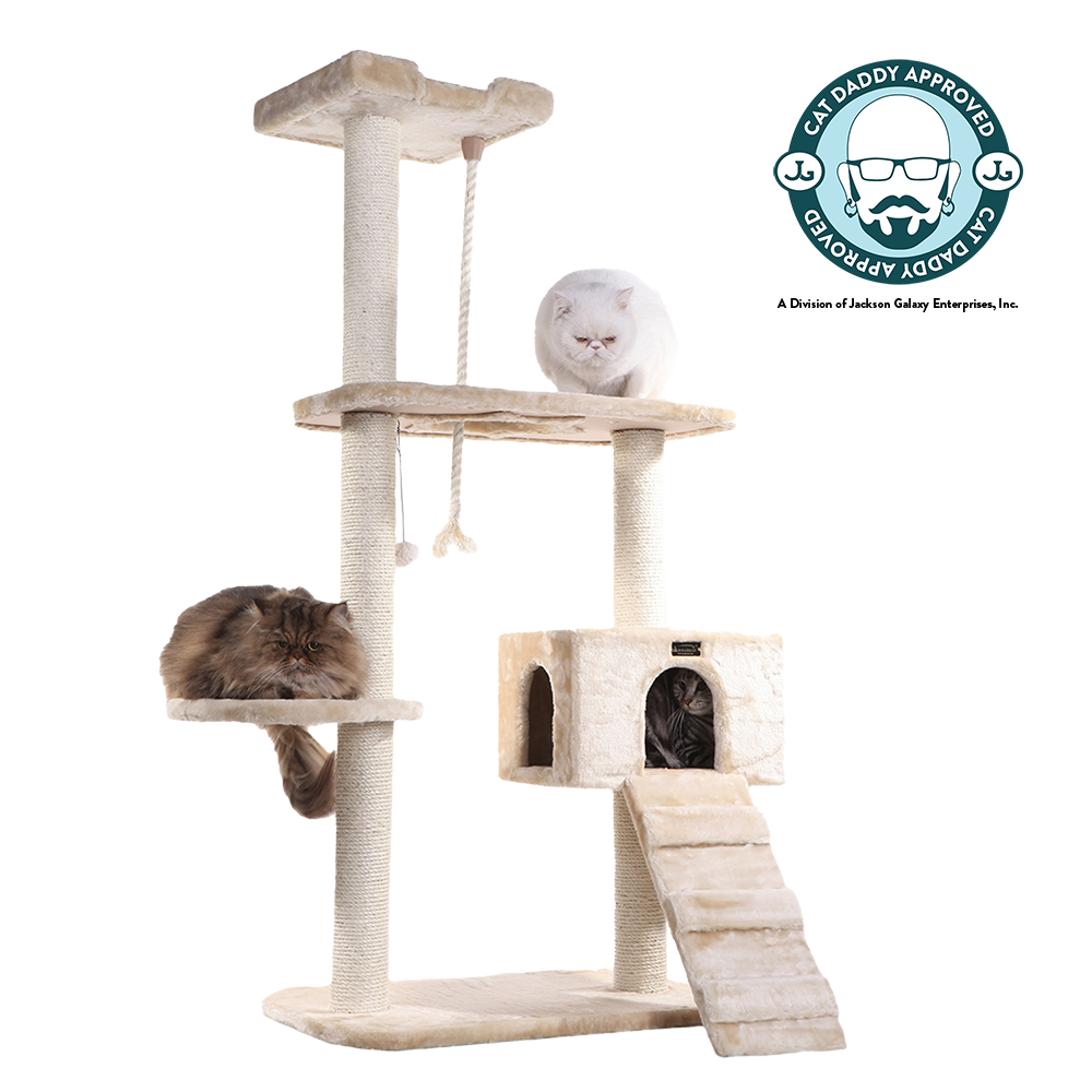 58-inch Faux Fur Cat Tree, Beige with Ramp and House by Armarkat