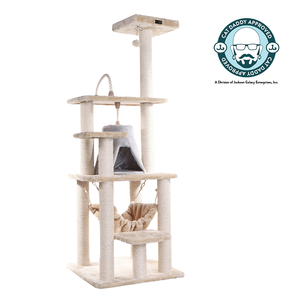 65-inch Faux Fur Cat Tree, Beige with Hammock and Tent by Armarkat