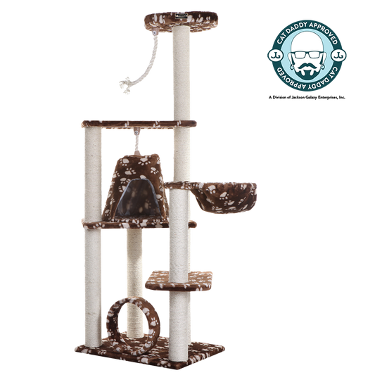 66-inch Faux Fur Cat Tree, SaddleBrown with White Paw Prints by Armarkat