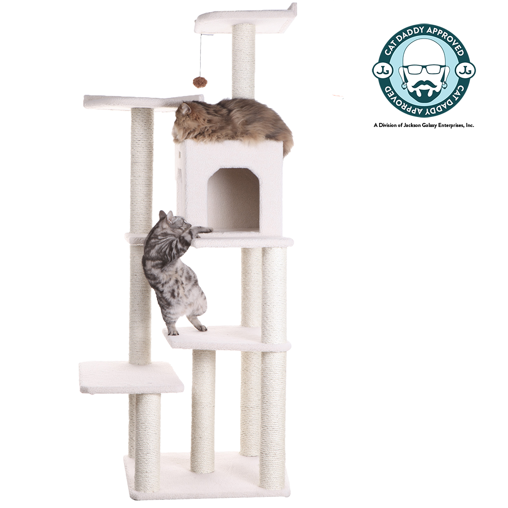 68-inch Faux Fleece Cat Tree, Ivory with House by Armarkat