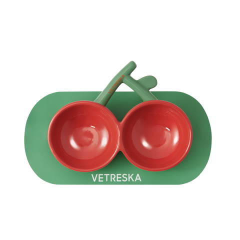 Double Cherry Ceramic Pet Bowls & Mat by Vetreska