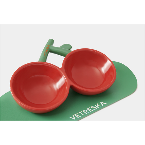 Double Cherry Ceramic Pet Bowls & Mat by Vetreska