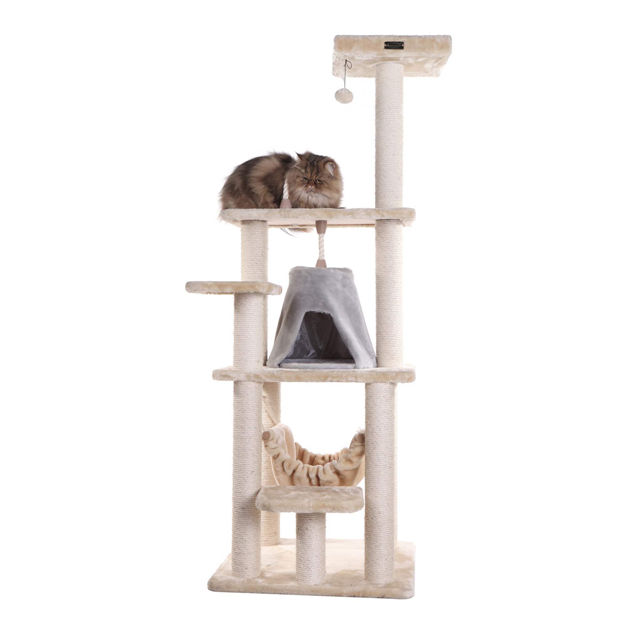 65-inch Faux Fur Cat Tree, Beige with Hammock and Tent by Armarkat