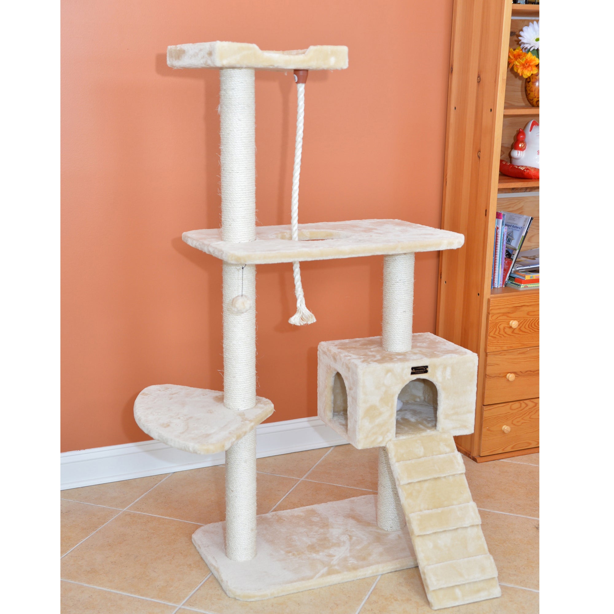 58-inch Faux Fur Cat Tree, Beige with Ramp and House by Armarkat