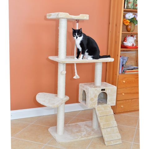 58-inch Faux Fur Cat Tree, Beige with Ramp and House by Armarkat