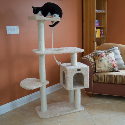 57-inch Faux Fur Cat Tree, Beige with Rope and House by Armarkat