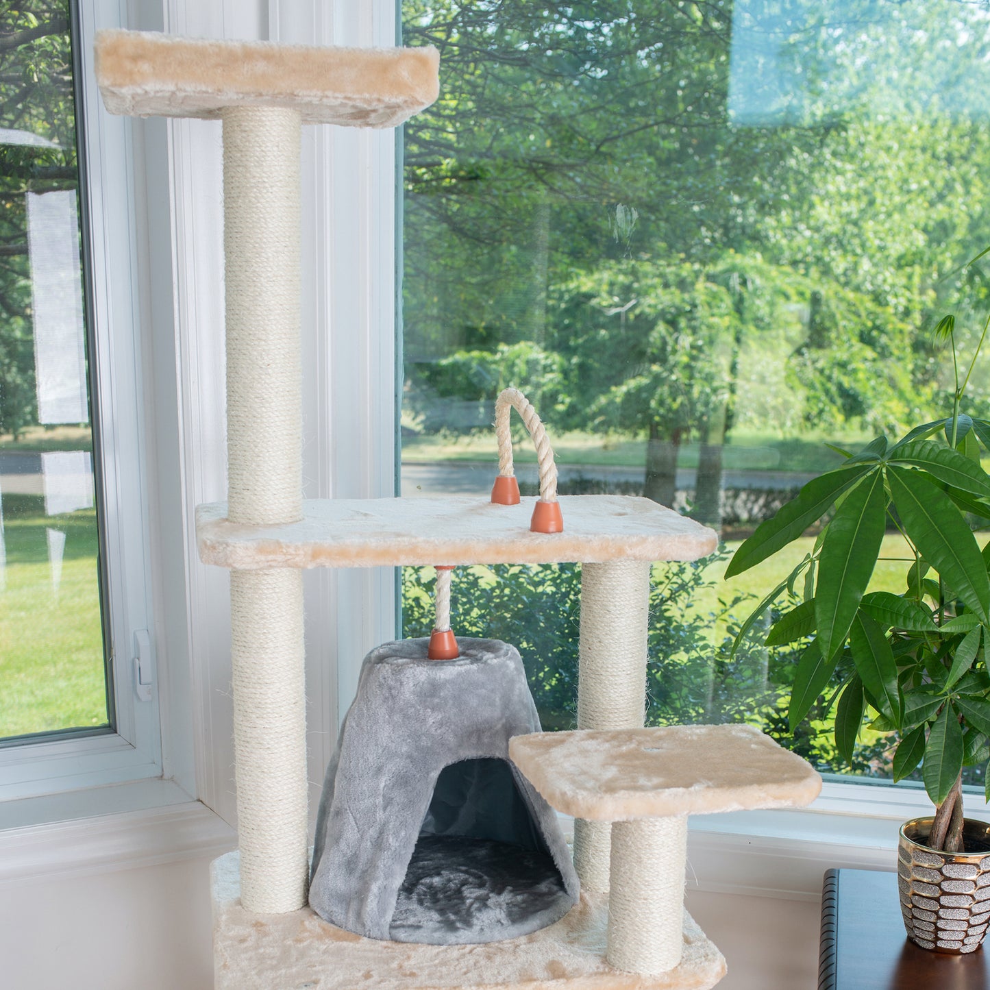 65-inch Faux Fur Cat Tree, Beige with Hammock and Tent by Armarkat