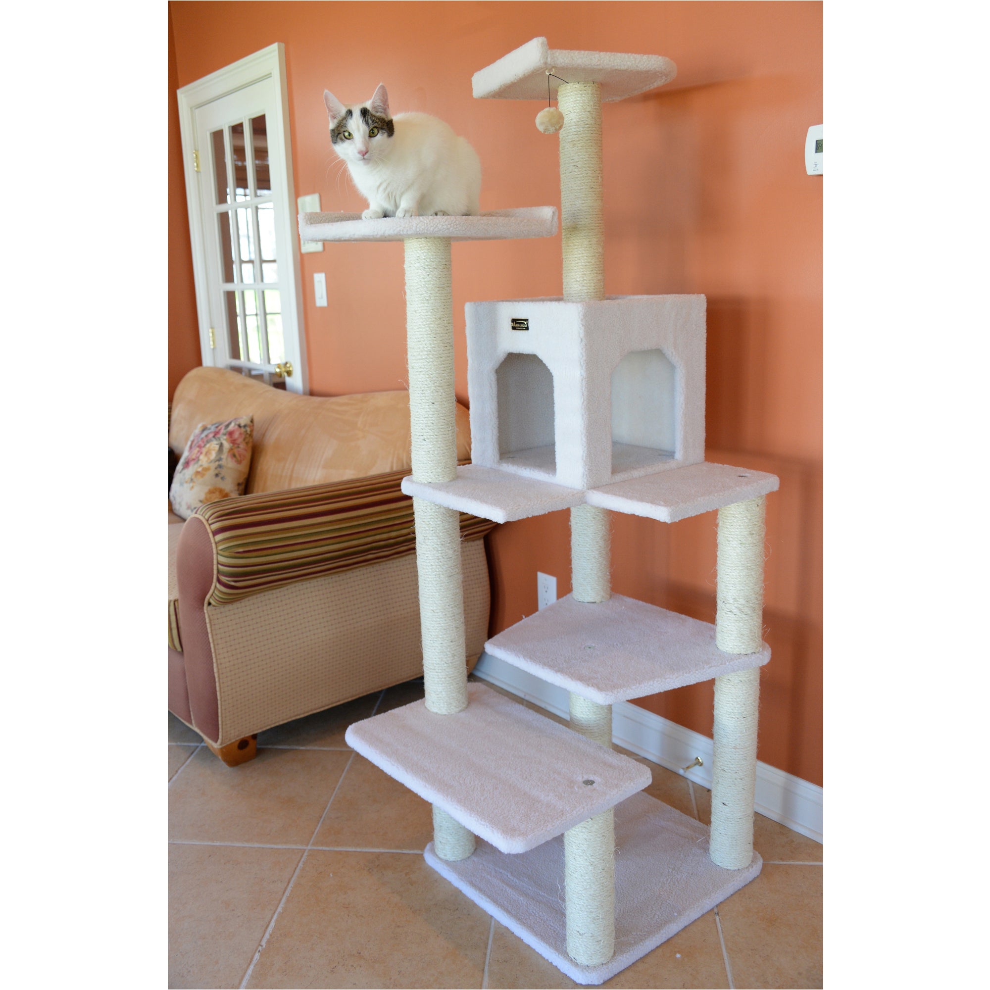 68-inch Faux Fleece Cat Tree, Ivory with House by Armarkat