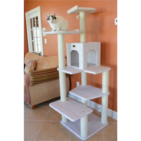 68-inch Faux Fleece Cat Tree, Ivory with House by Armarkat