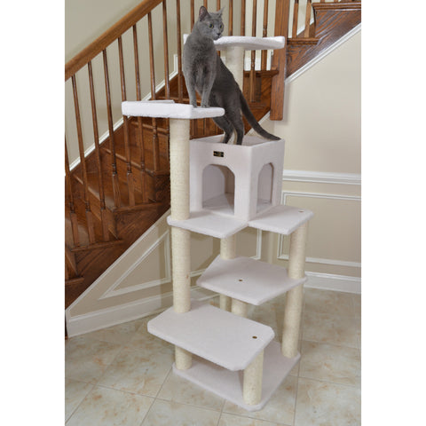 68-inch Faux Fleece Cat Tree, Ivory with House by Armarkat