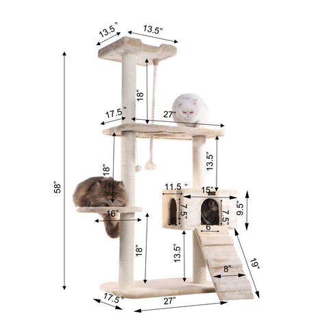 58-inch Faux Fur Cat Tree, Beige with Ramp and House by Armarkat