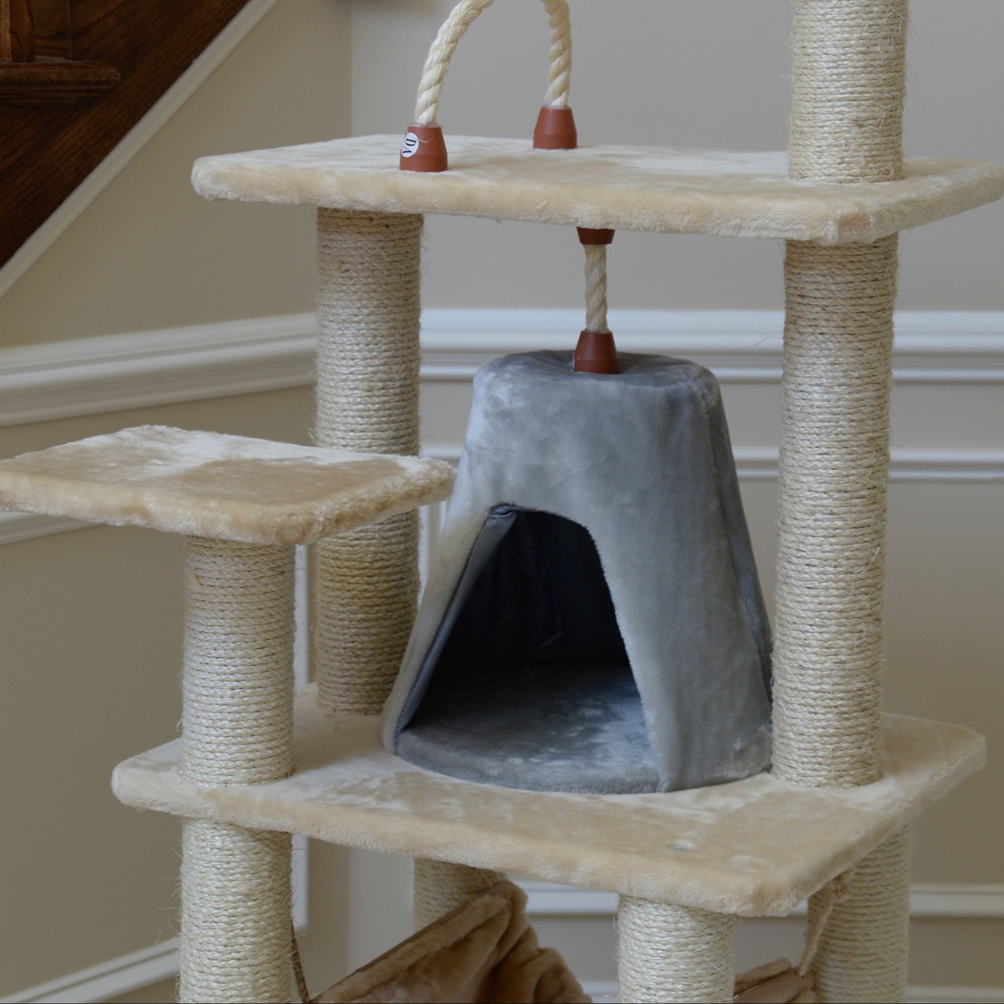 65-inch Faux Fur Cat Tree, Beige with Hammock and Tent by Armarkat