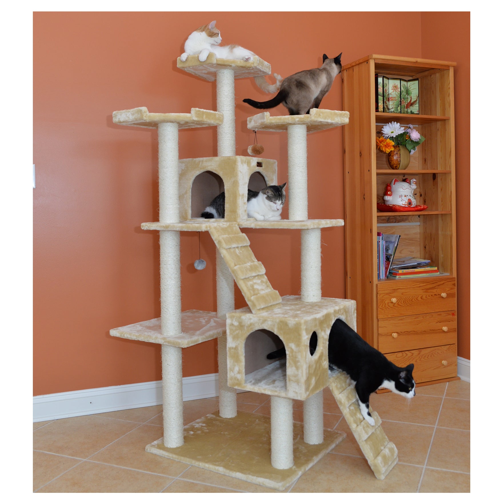 74-Inch Multi-Level Real Wood Cat Tree Large Cat Play Furniture With Scratching Posts, Large Platforms, Beige by Armarkat