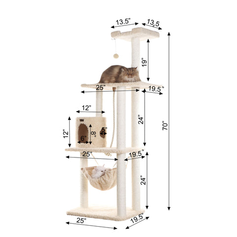 70-inch Ultra-Thick Faux Fur Cat Tree, Beige with Hammock by Armarkat