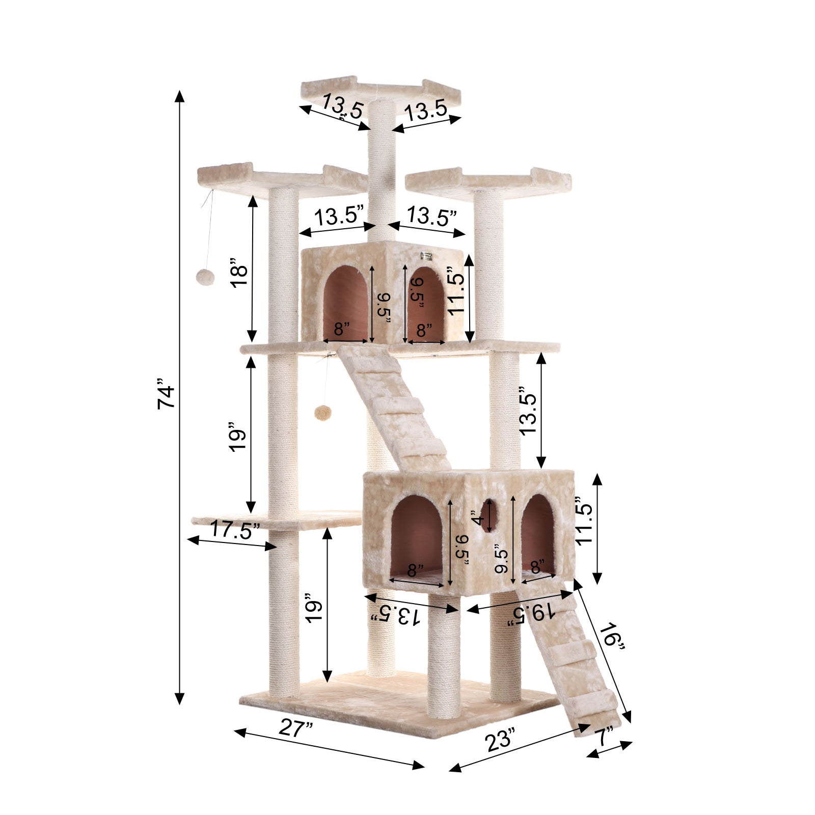 74-Inch Multi-Level Real Wood Cat Tree Large Cat Play Furniture With Scratching Posts, Large Platforms, Beige by Armarkat