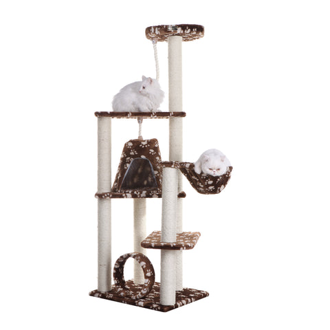 66-inch Faux Fur Cat Tree, SaddleBrown with White Paw Prints by Armarkat