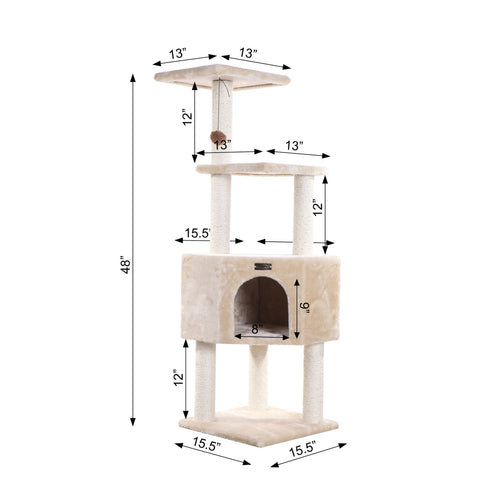 48-inch Faux Fur Cat Tree, Beige with Raised House by Armarkat