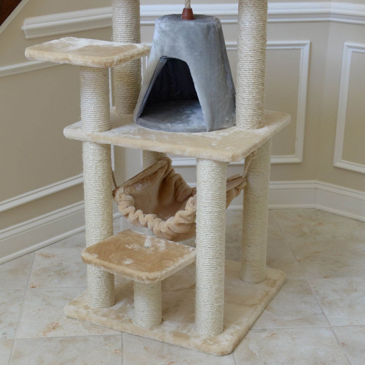 65-inch Faux Fur Cat Tree, Beige with Hammock and Tent by Armarkat