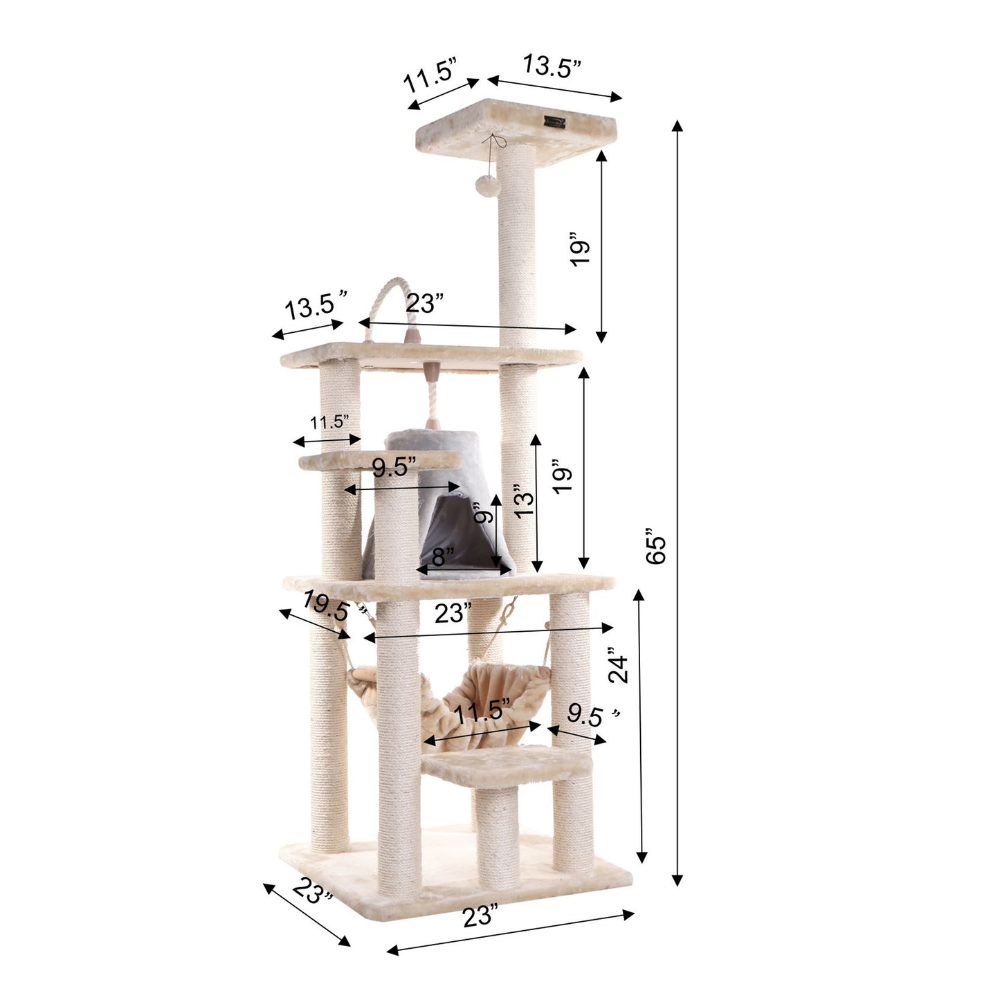 65-inch Faux Fur Cat Tree, Beige with Hammock and Tent by Armarkat