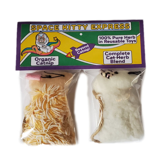 Space Kitty Express 2 cat toys: one with Organic Catnip and the other with Complete Cat Herb Blend, front of package