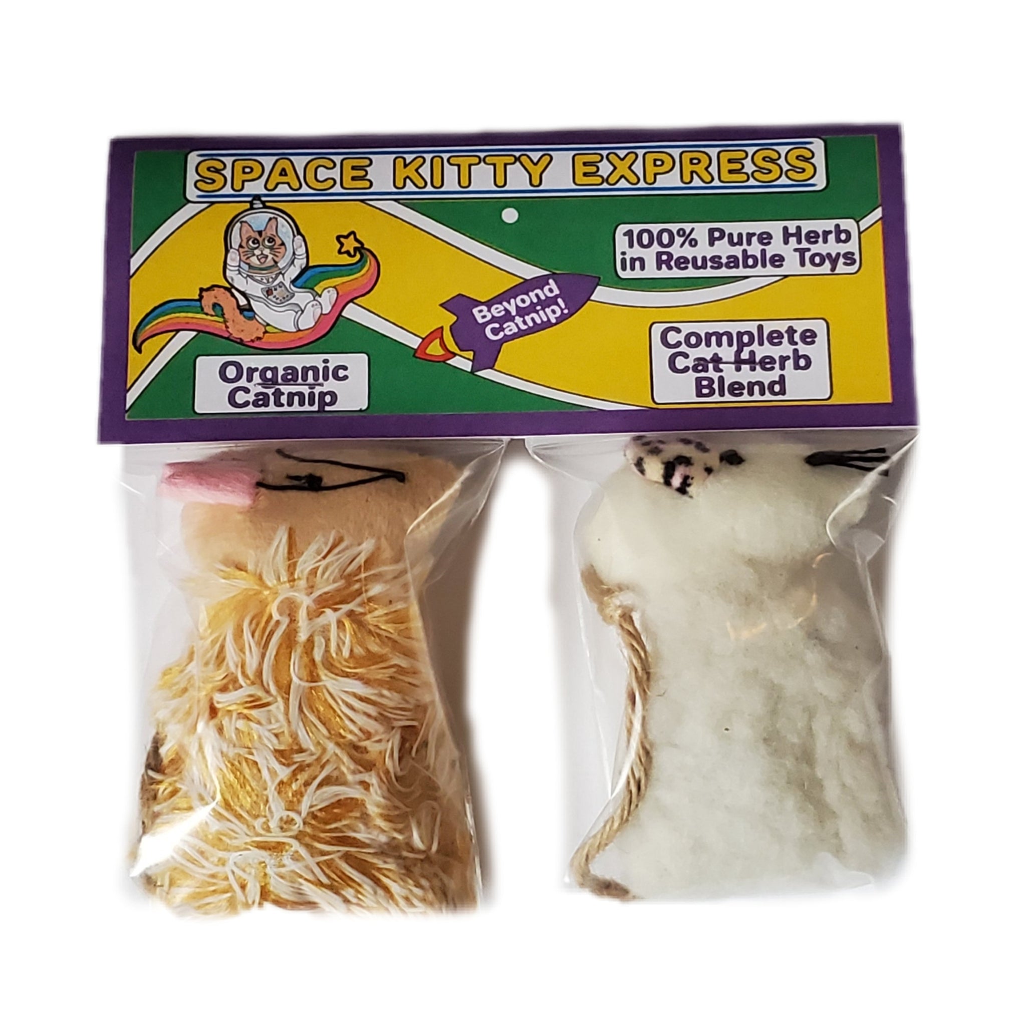 Space Kitty Express 2 cat toys: one with Organic Catnip and the other with Complete Cat Herb Blend, front of package