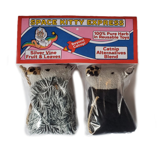 Space Kitty Express 2 cats toys: one with Silver Vine, and another with Catnip Alternatives Blend front of package