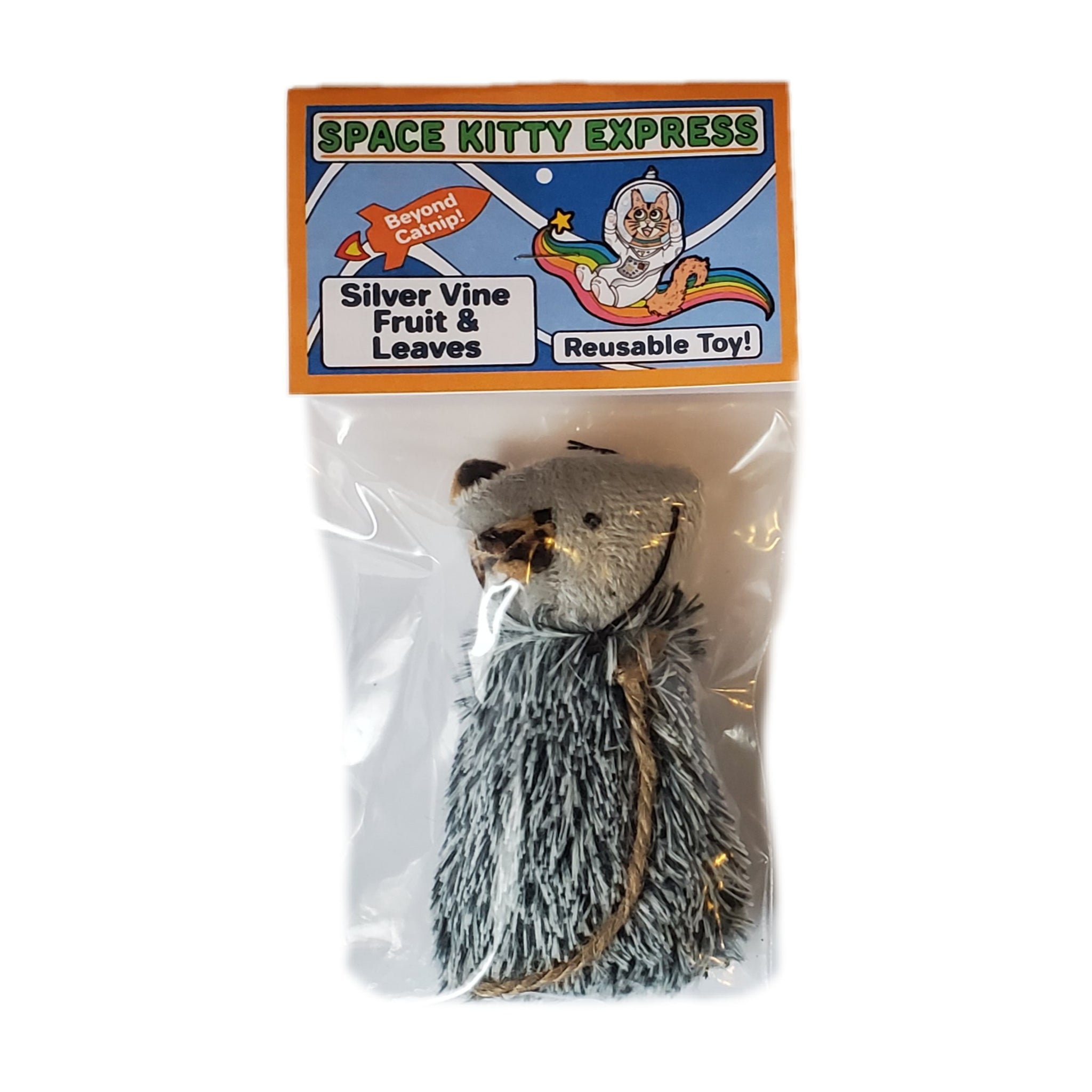 Space Kitty Express cat toy filled with Silver Vine Fruit & Leaves, front of package