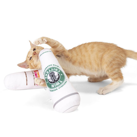 Orange Cat playing with SILVERVINE COFFEE CUPS - PLUSH CATNIP TOY