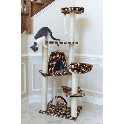 66-inch Faux Fur Cat Tree, SaddleBrown with White Paw Prints by Armarkat