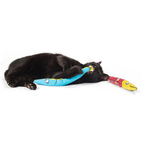 black cat playing with Refillable Silvervine Sardines (set of 2) Cat Toys