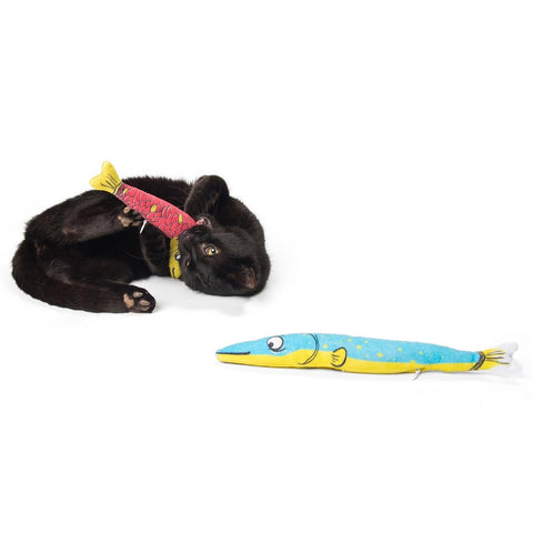 Black cat chewing on Refillable Silvervine Sardines (set of 2) Cat Toys